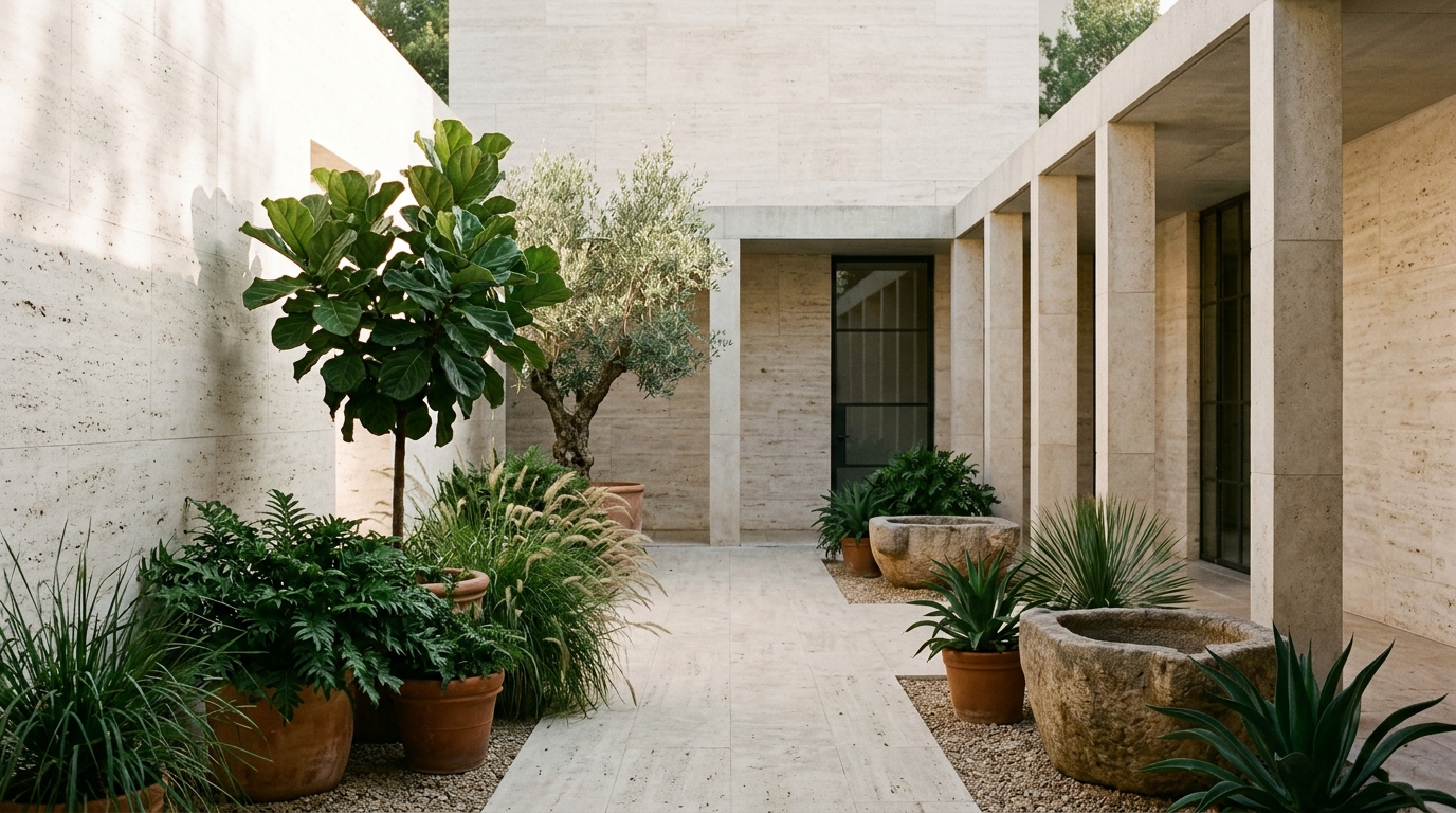 Sunlit limestone courtyard with botanical foliage