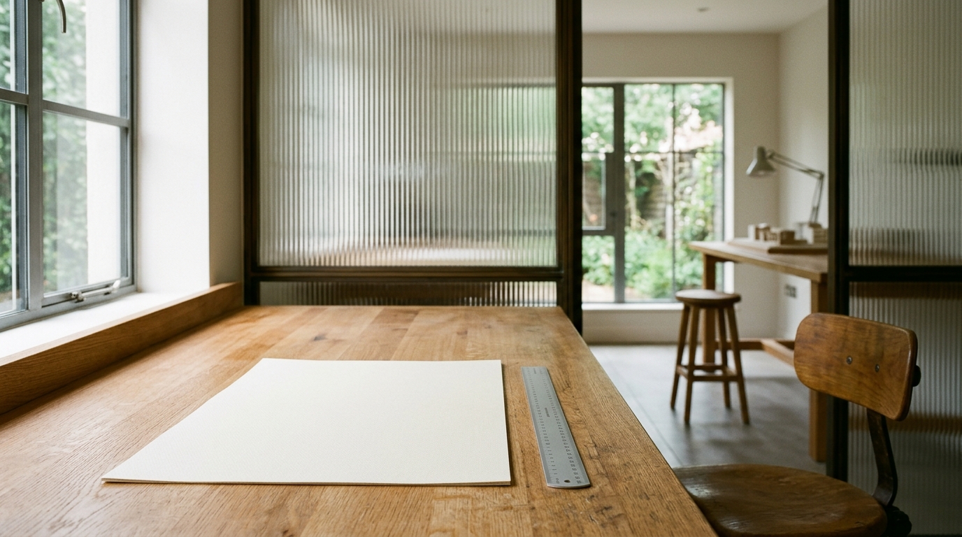 Sunlit architectural studio separated by fluted glass partition