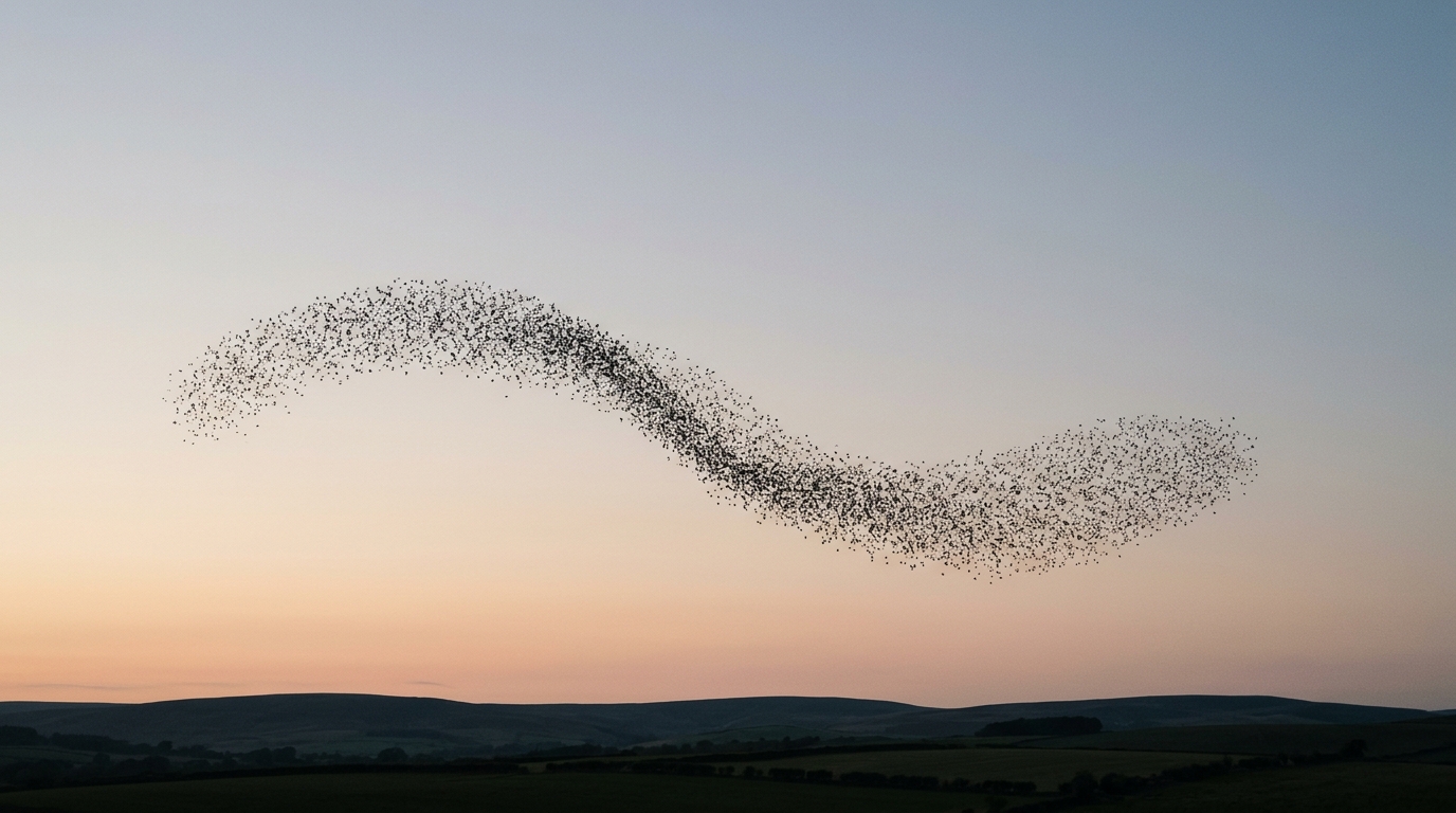 Starling murmuration sweeping across a calm dusk horizon