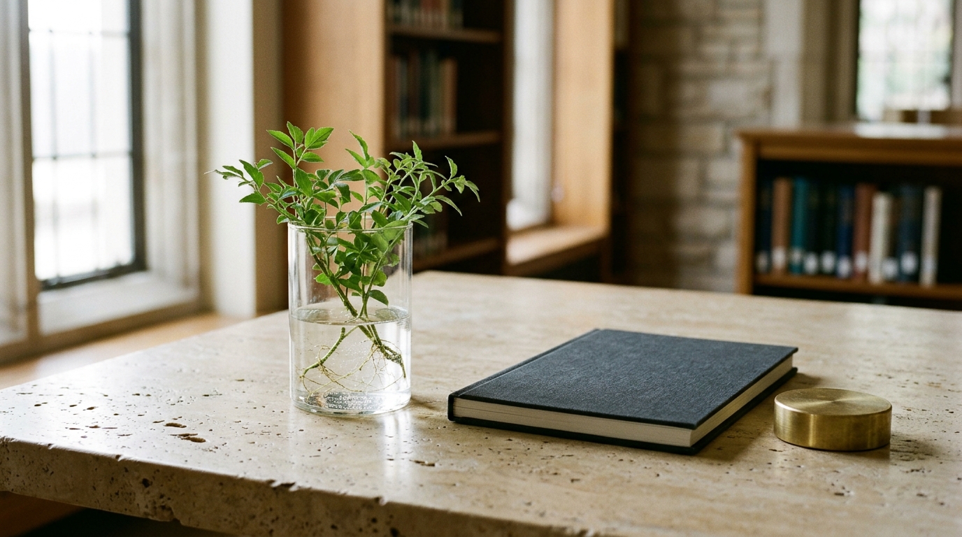 Botanical cutting in clear glass beside a linen ledger on limestone